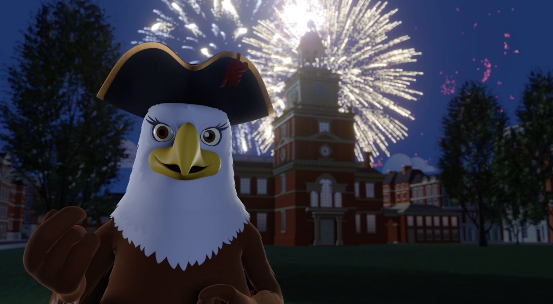 Liberty the Eagle in a tricorn hat, with Independence Hall and fireworks.